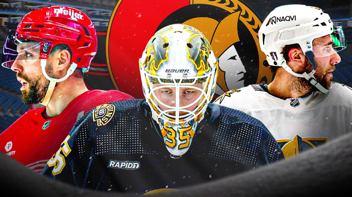 Linus Ullmark in middle, David Perron and Michael Amadio on either side, Ottawa Senators logo, hockey rink in background