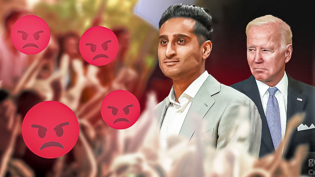 Shams Charania on the left, with Joe Biden on the right. Angry faces looking at Charania.