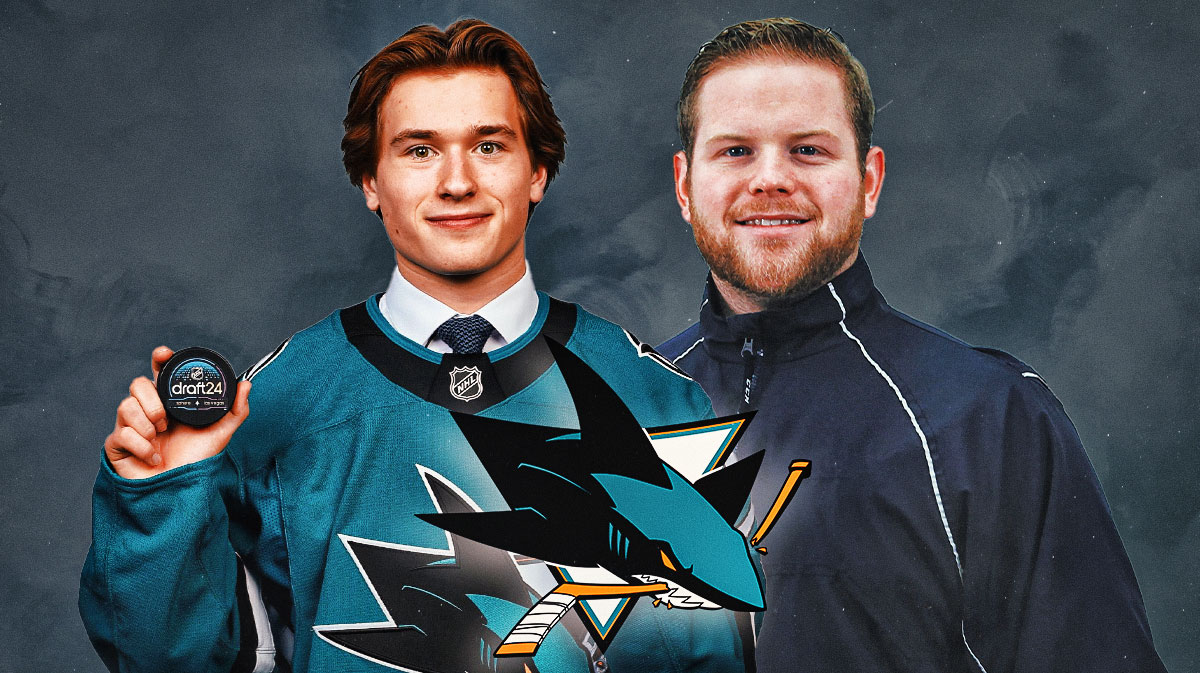 San Jose Sharks rookie Macklin Celebrini with head coach Ryan Warofsky. There is also a logo for the San Jose Sharks.