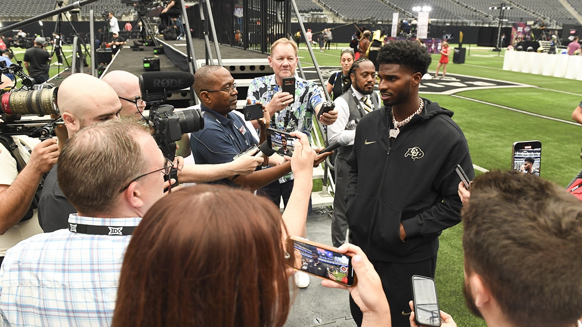 Colorado Buffaloes quarterback Shedeur Sanders speaks to the media during the Big 12 Media Days at Allegiant Stadium.