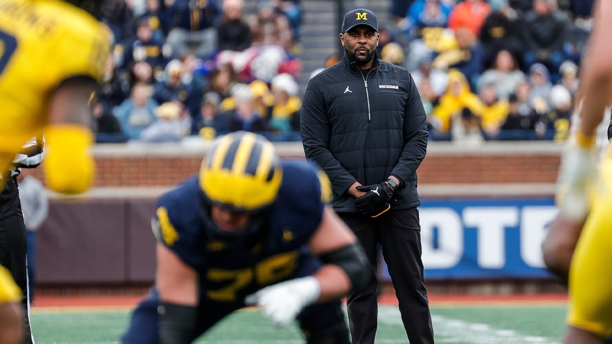 Michigan head coach Sherrone Moore watches a play during the first half of the spring game at Michigan Stadium