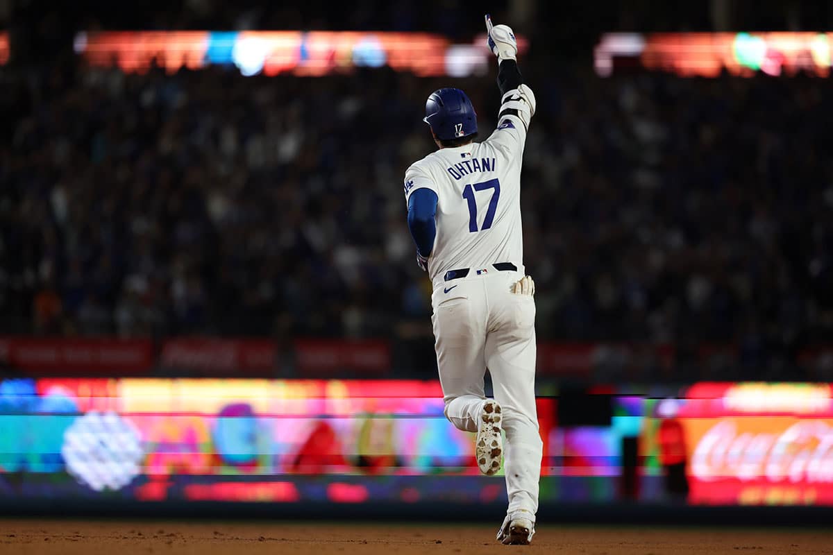 Los Angeles Dodgers designated hitter Shohei Ohtani (17) reacts after hitting a two-run home run during the seventh inning against the Arizona Diamondbacks at Dodger Stadium.