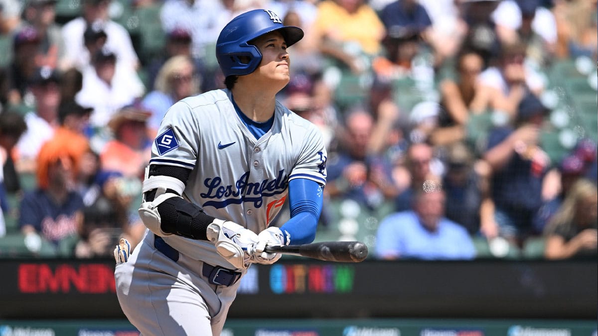 Los Angeles Dodgers designated hitter Shohei Ohtani (17) hits a solo home run against the Detroit Tigers in the fifth inning at Comerica Park.