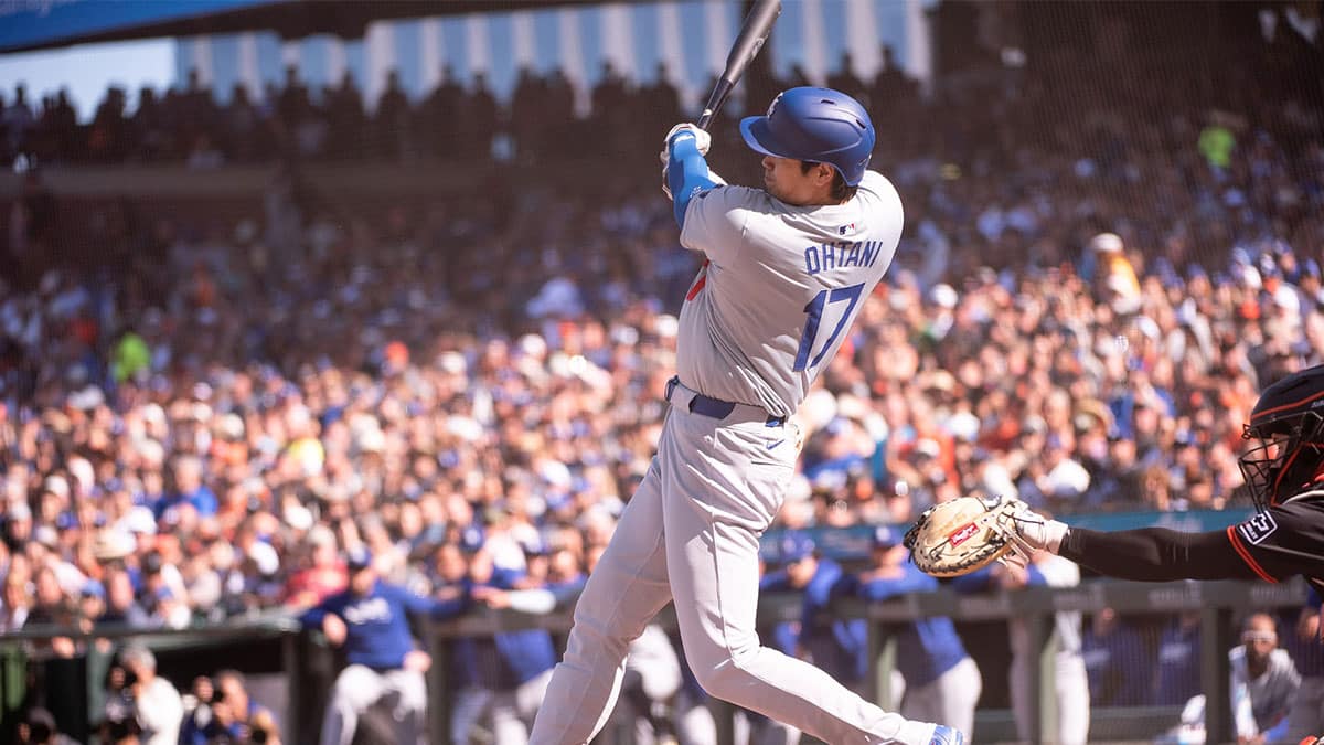 Jun 29, 2024; San Francisco, California, USA; Los Angeles Dodgers two-way player Shohei Ohtani (17) hits a home run during the third inning against the San Francisco Giants at Oracle Park.