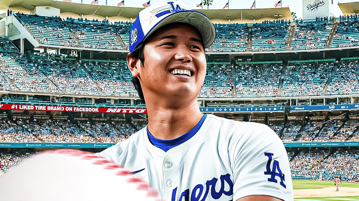 Shohei Ohtani in front of full dodgers stadium