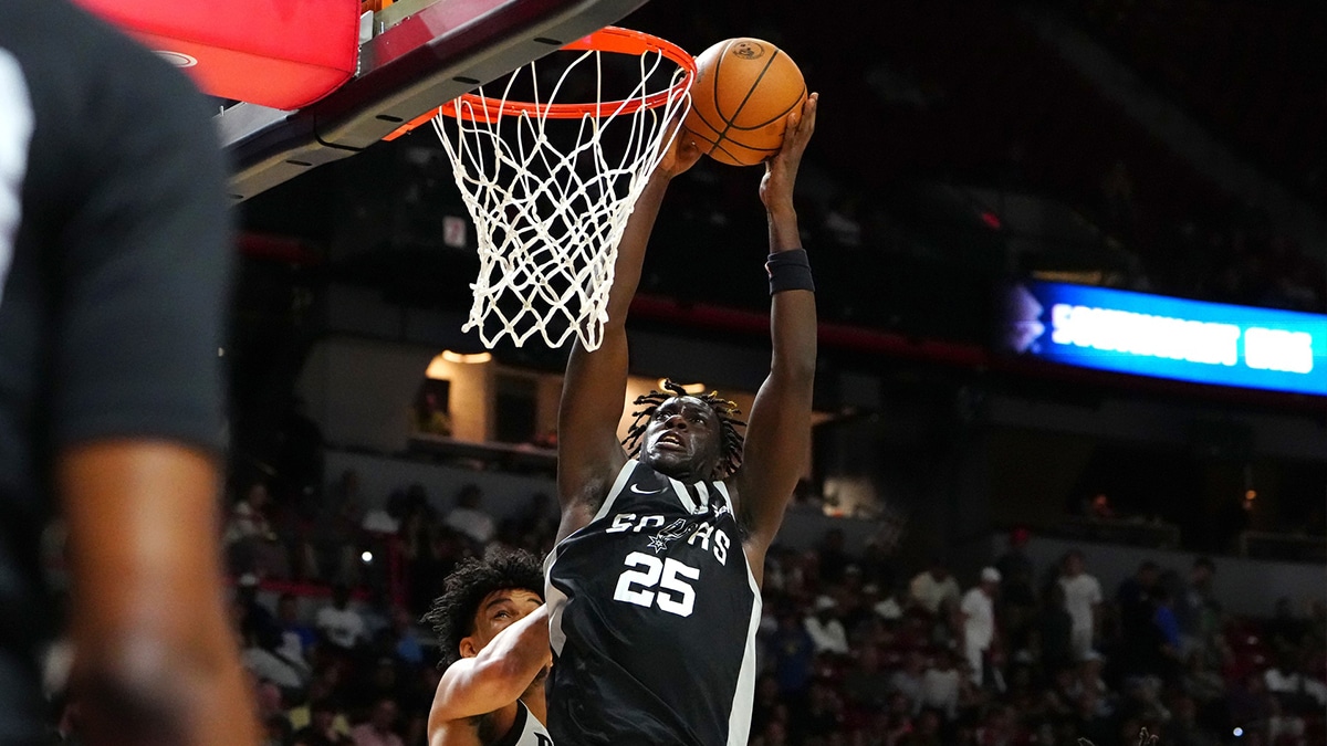 San Antonio Spurs guard Sidy Cissoko (25) looks to dunk against the Portland Trail Blazers during the first quarter at Thomas & Mack Center.