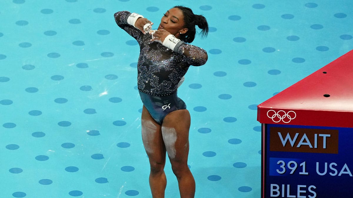 Simone Biles of the United States after performing on the uneven bars in womenís qualification during the Paris 2024 Olympic Summer Games at Bercy Arena.