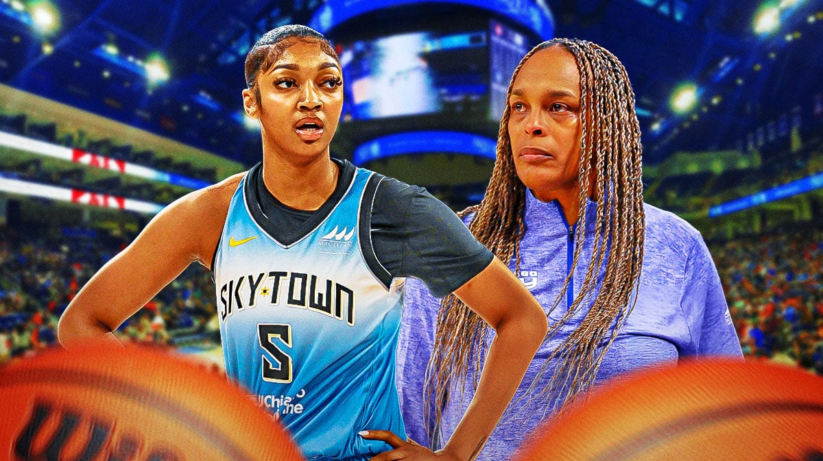 Chicago Sky rookie Angel Reese stands next to Teresa Weatherspoon, WNBA All-Star fans in background