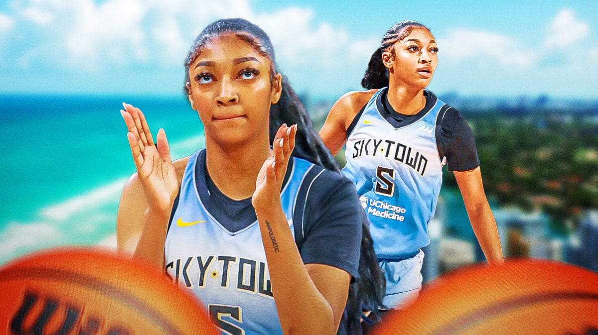 Chicago Sky player Angel Reese, with basketballs and the city of Miami, Florida, United States in the background