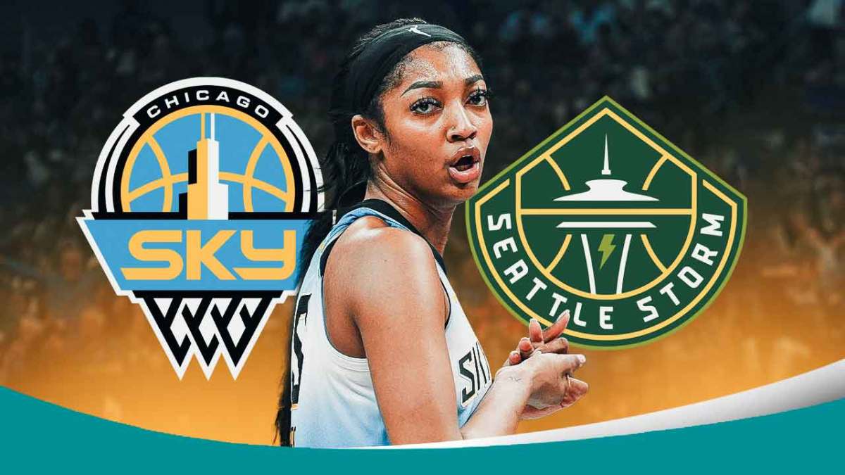 Sky's Angel Reese stands next to Storm logo, Chennedy Carter in background