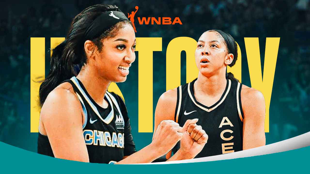 Angel Reese celebrating and looking intense beside Candace Parker. "HISTORY" written in background along with WNBA logo.