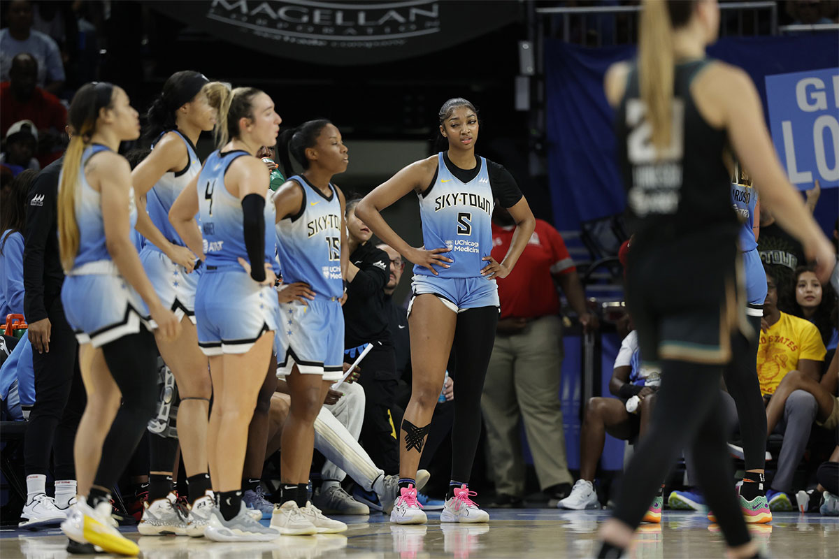  Chicago Sky forward Angel Reese (5) looks on during the second half of a WNBA game against the New York Liberty