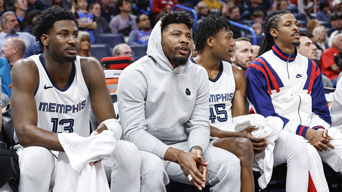 Memphis Grizzlies forward Jaren Jackson Jr. (13), guard Marcus Smart (36), forward GG Jackson (45) and guard Ja Morant (12) watch their team play against the Oklahoma City Thunder from the bench during the second half at Paycom Center.