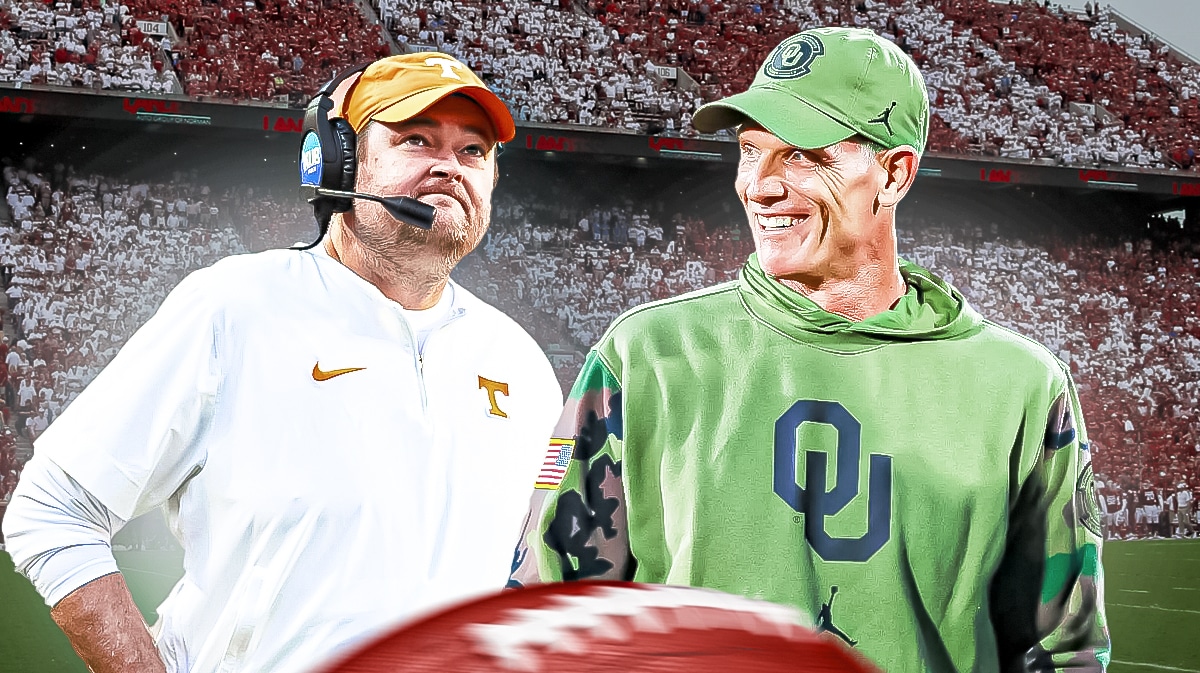 Oklahoma football, Brent Venables, Josh Heupel, Tennessee football, Oklahoma Tennessee, Josh Heupel and Brent Venables with Oklahoma football stadium in the background