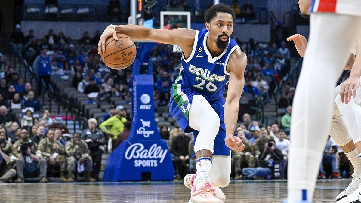 Dallas Mavericks guard Spencer Dinwiddie (26) in action during the game between the Dallas Mavericks and the Detroit Pistons at the American Airlines Center. 