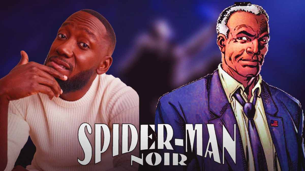 Lamorne Morris on one side, Robbie Robertson, Spider-Man Noir