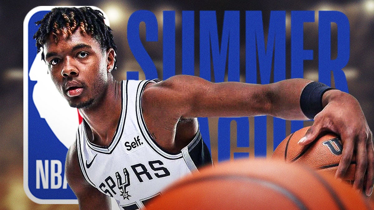 Harrison Ingram is a Spurs jersey, NBA Summer League logo