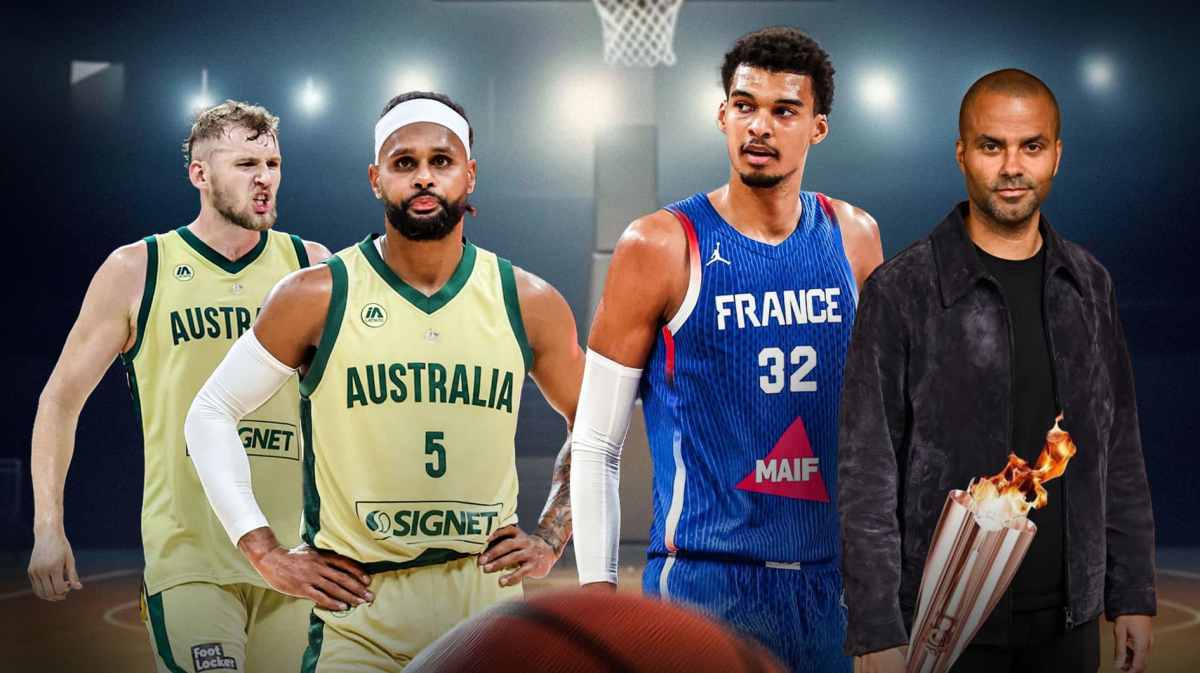 Victor Wembanyama in France jersey image, Tony Parker image carrying torch, Patty Mills and Jock Landale in Australia jersey images