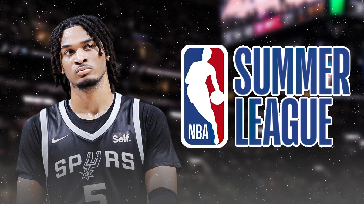 Spurs Stephon Castle next to the 2024 Summer League logo