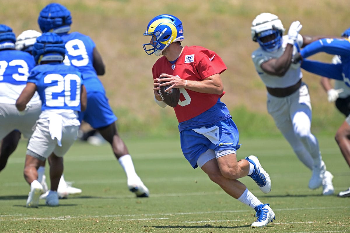 May 28, 2024; Thousand Oaks, CA, USA; Los Angeles Rams quarterback Matthew Stafford (9) looks to pass during OTAs at the team training facility at California Lutheran University.