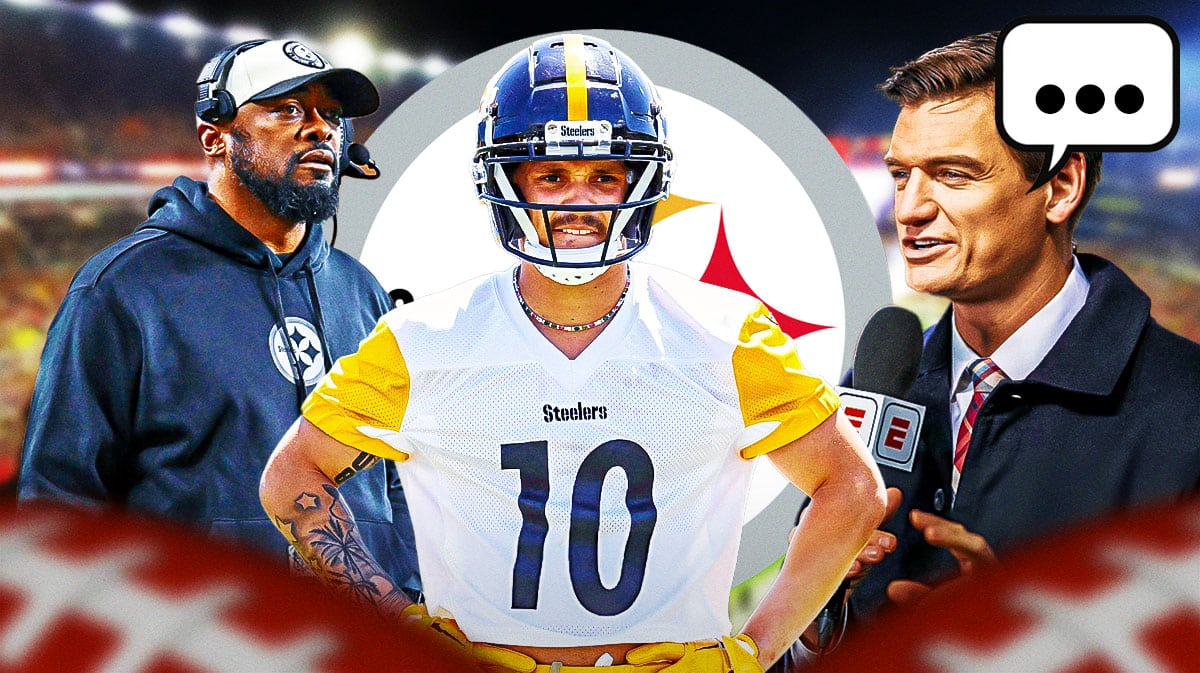 Pittsburgh Steelers wide receiver Roman Wilson with Steelers head coach Mike Tomlin and ESPN reporter Jeremy Fowler. Fowler has a speech bubble with the three dots emoji inside. There is also a logo for the Pittsburgh Steelers.