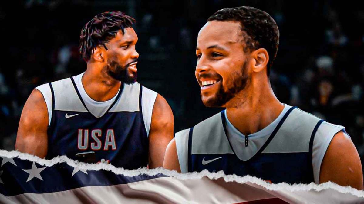 Stephen Curry and Joel Embiid smiling and looking embarassed.