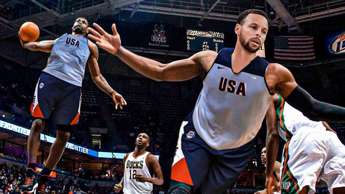 Stephen Curry throwing an alley-oop to LeBron James (with Curry in Wade's place), both Curry and James in Team USA uniforms