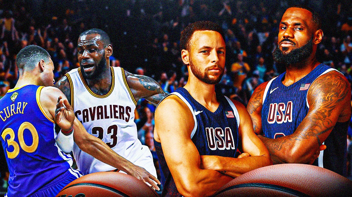 On the left, a pic of Warriors' Stephen Curry and Cavs' LeBron James battling in the 2018 NBA Finals; on the right, a pic of Curry and James wearing 2024 Team USA jerseys for Paris Olympics
