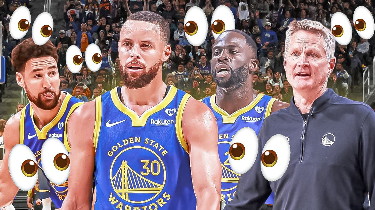Stephen Curry, Klay Thompson (in a Golden State Warriors uniform), Draymond Green, and Steve Kerr with a bunch of the big eyes emojis in the background