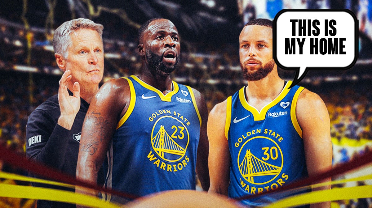 Warriors' Stephen Curry saying "This is my home" next to Steve Kerr and Draymond Green