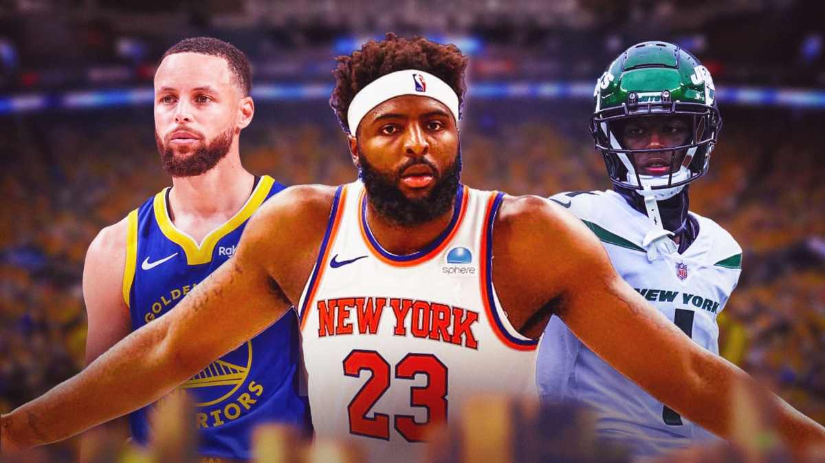 Warriors' Stephen Curry stands next to Mitchell Robinson, Sauce Gardner after Donald Trump shooting