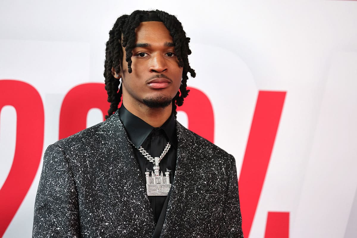 Stephon Castle arrives for the first round of the 2024 NBA Draft at Barclays Center.