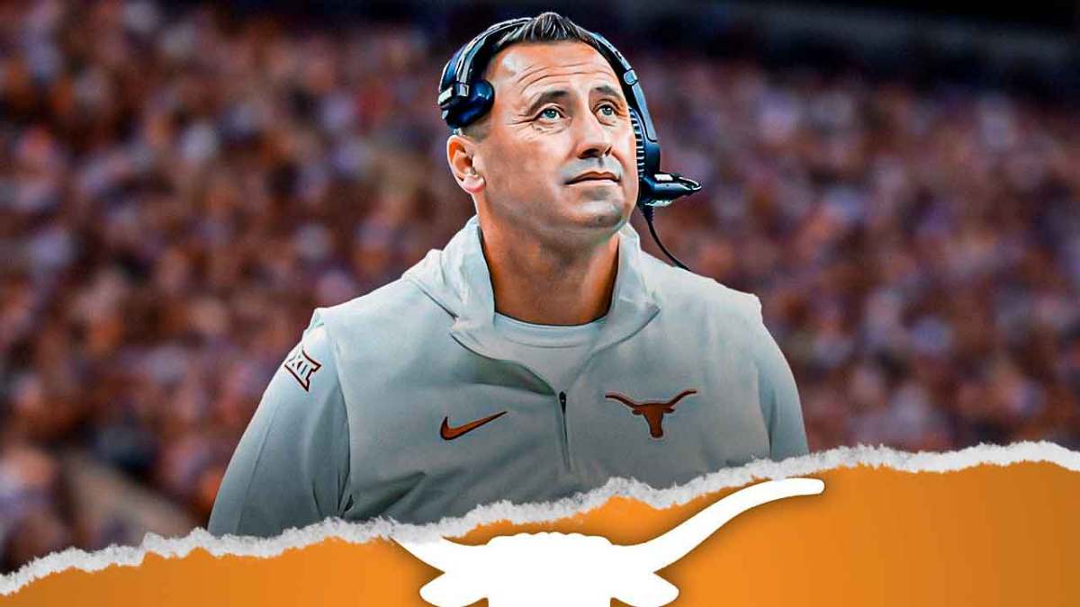 Texas football's Steve Sarkisian looks at roster, SEC logo background
