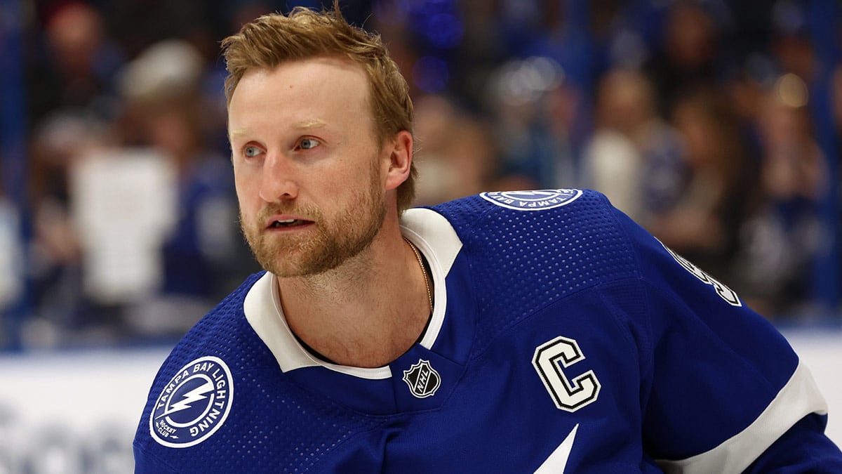 Tampa Bay Lightning center Steven Stamkos (91) warms up against the Florida Panthers in game four of the first round of the 2024 Stanley Cup Playoffs at Amalie Arena.