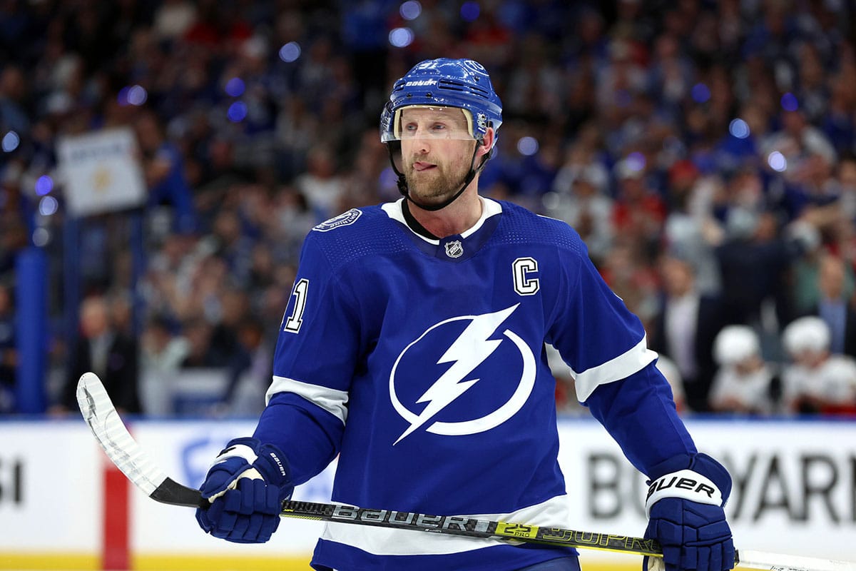Tampa Bay Lightning center Steven Stamkos (91) looks on against the Florida Panthers during the third period in game four of the first round of the 2024 Stanley Cup Playoffs at Amalie Arena.