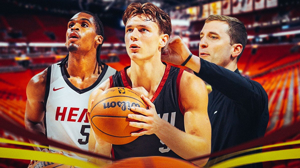Miami Heat stars Pelle Larsson, Josh Christopher, and coach Dan Bisaccio in front of Kaseya Center.