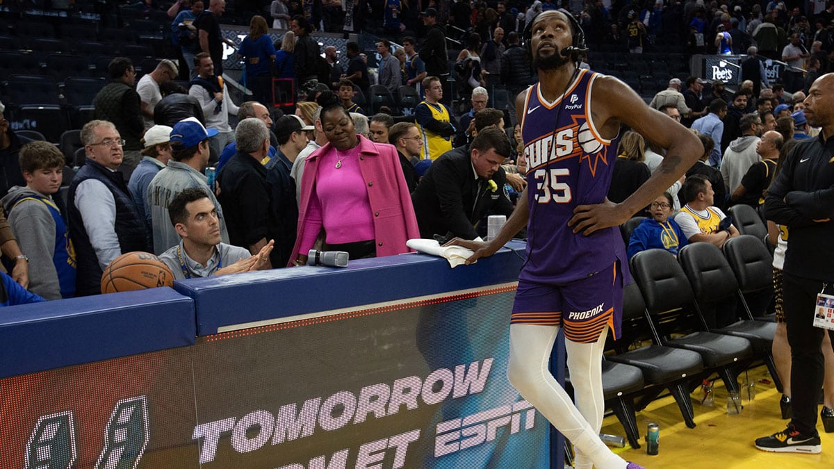 Phoenix Suns forward Kevin Durant (35) conducts a postgame interview after his team defeated the Golden State Warriors at Chase Center.