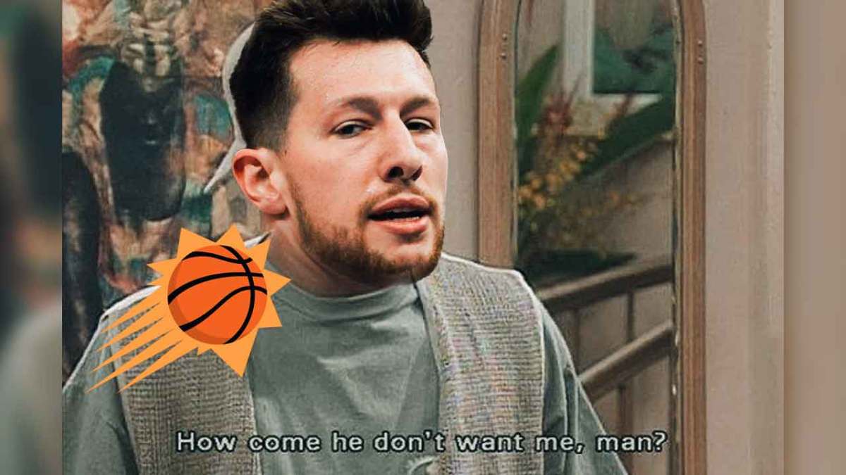 Jazz's Drew Eubanks as Will Smith in fresh prince of belair, how come he don't want me man while looking at the Suns logo