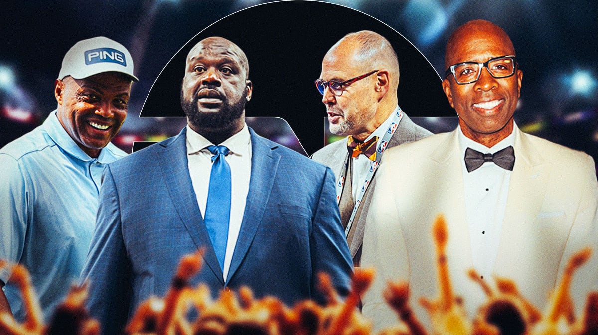 Charles Barkley, Shaquille O'Neal, Ernie Johnson Jr., Kenny Smith. TNT logo.