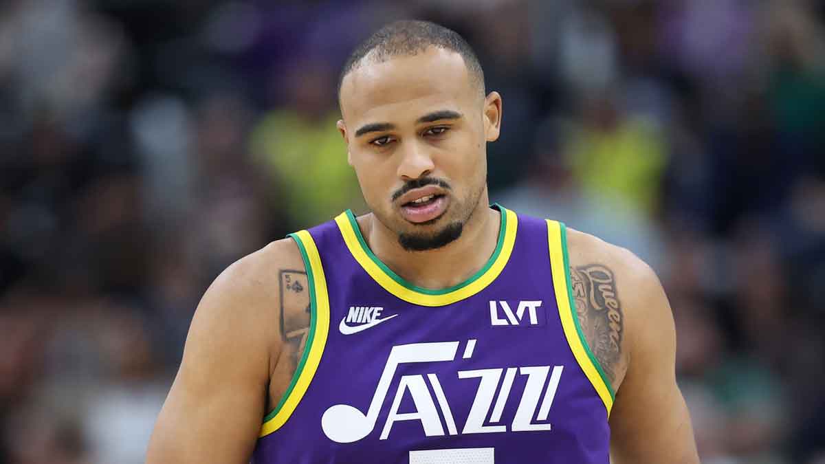 Utah Jazz guard Talen Horton-Tucker (5) reacts against the Houston Rockets during the third quarter at Delta Center. 