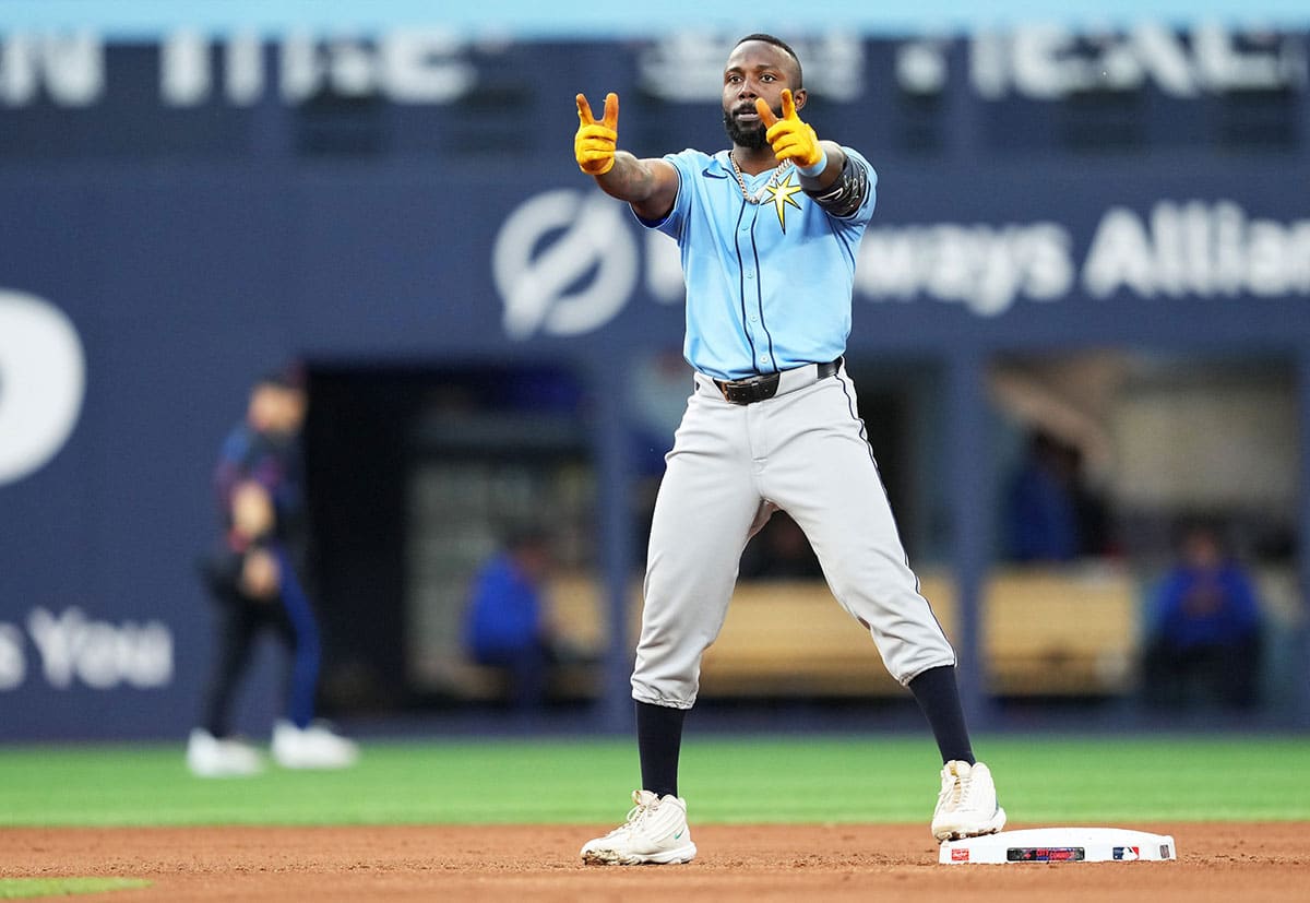 Tampa Bay Rays left fielder Randy Arozarena (56) celebrates after hitting a double against the Toronto Blue Jays during the fifth inning at Rogers Centre.