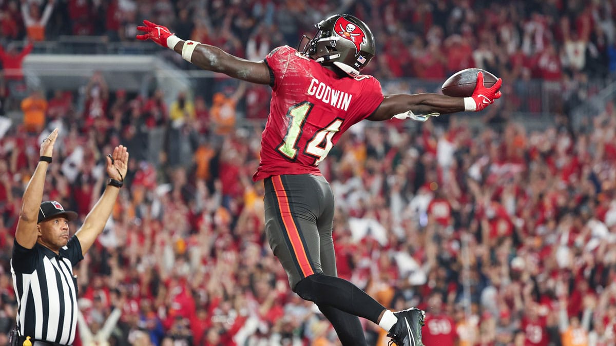 Tampa Bay Buccaneers wide receiver Chris Godwin (14) celebrates his touchdown against the Philadelphia Eagles during the second half of a 2024 NFC wild card game at Raymond James Stadium. 