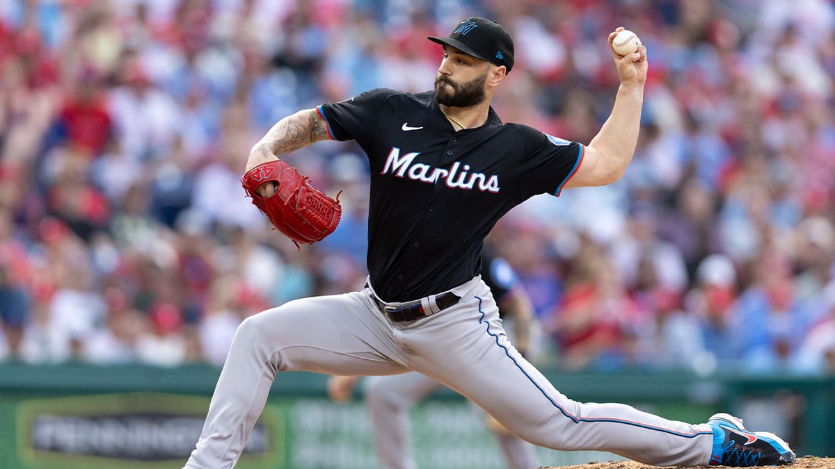 Jun 29, 2024; Philadelphia, Pennsylvania, USA; Miami Marlins pitcher Tanner Scott (66) throws a pitch during the ninth inning against the Philadelphia Phillies at Citizens Bank Park.