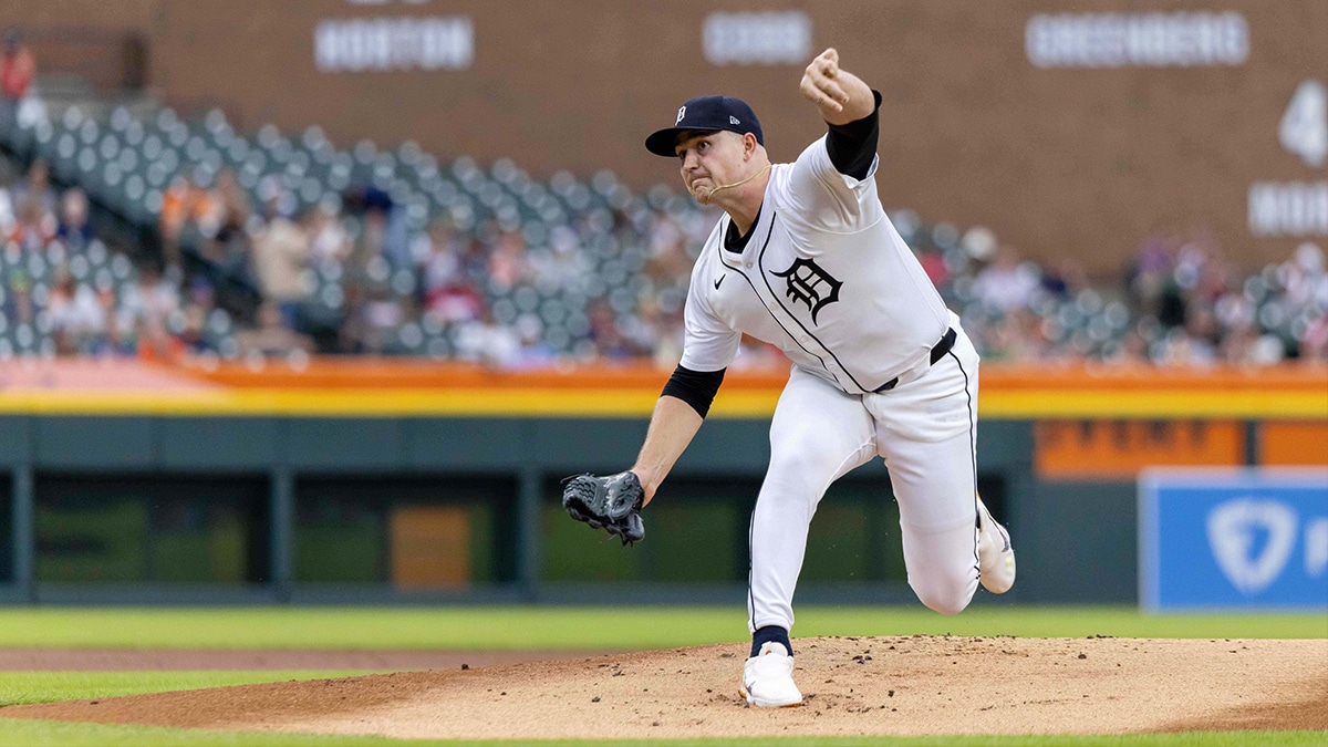 Jun 25, 2024; Detroit, Michigan, USA; Detroit Tigers starting pitcher Tarik Skubal (29) pitches in the first inning against the Philadelphia Phillies at Comerica Park. 