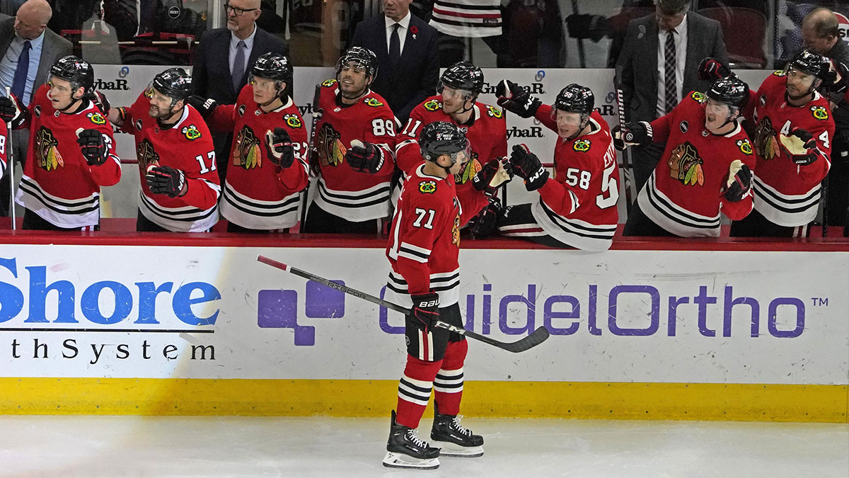 Chicago Blackhawks left wing Taylor Hall (71) celebrates his goal against the New Jersey Devils during the first period at United Center.