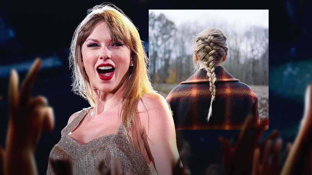 Taylor Swift on the Eras Tour and the album cover of Evermore.