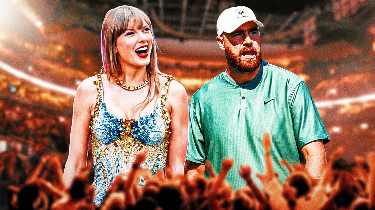 Taylor Swift and Travis Kelce with stadium background.