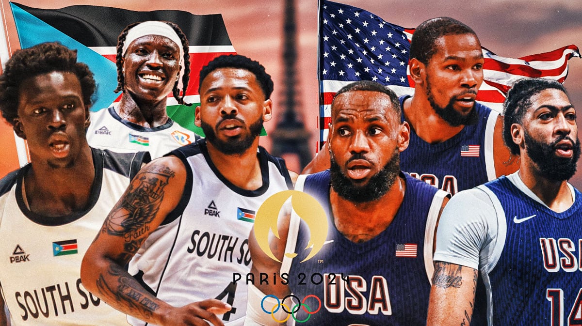 Wenyen Gabriel, JT Thor, Carlik Jones all together on one side of the graphic in South Sudan uniforms. South Sudan flag in the background. On the other side is LeBron James, Kevin Durant, Anthony Davis in Team USA gear. USA flag in background. Paris Olympics logo in front middle.