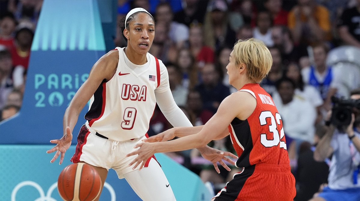 United States forward A'Ja Wilson (9) defends Japan guard Saori Miyazaki (32) during the second half during the Paris 2024 Olympic Summer Games.