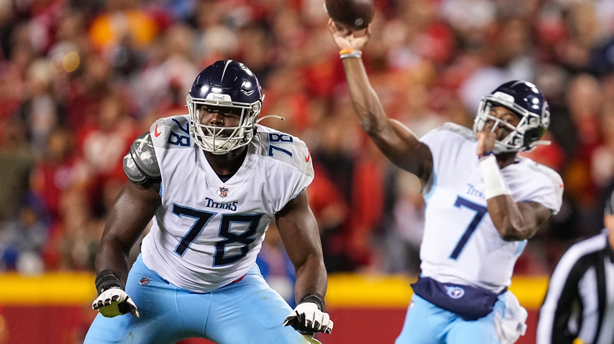 Tennessee Titans offensive tackle Nicholas Petit-Frere (78) looks to block as quarterback Malik Willis (7) throws a pass during the first half against the Kansas City Chiefs at GEHA Field at Arrowhead Stadium. 